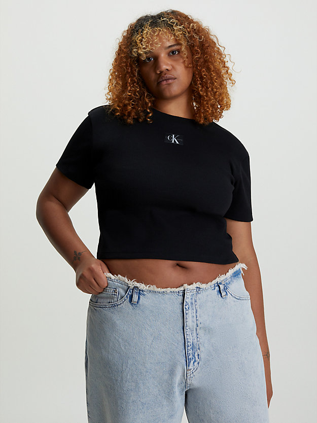 ck black t-shirt z naszywką z dżerseju ściągaczowego dla kobiety - calvin klein jeans