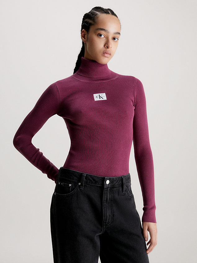 pull slim côtelé à col roulé purple pour femmes calvin klein jeans