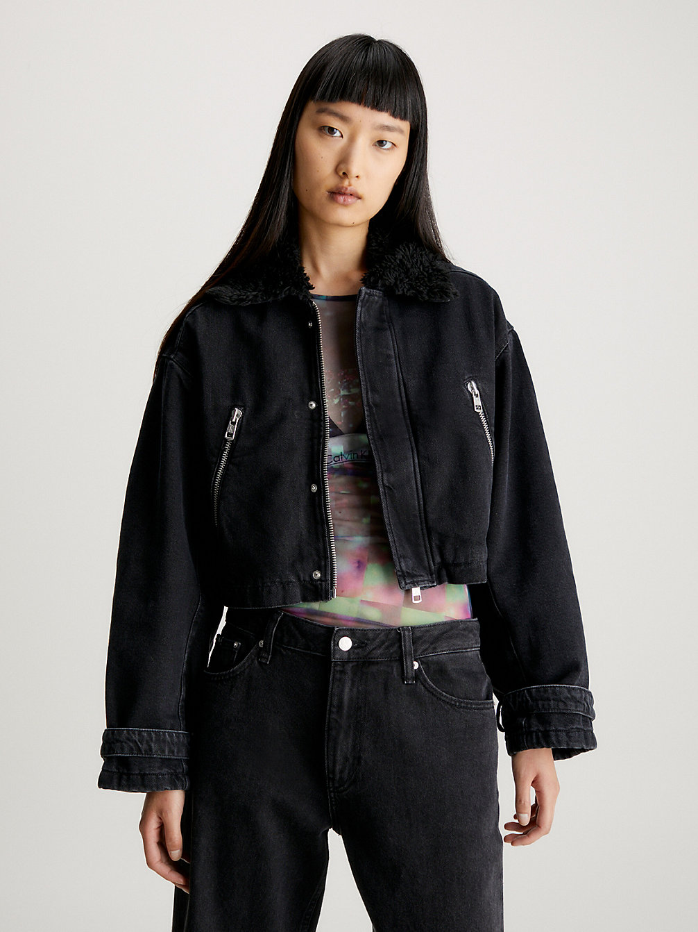 DENIM GREY Cropped Sherpa Denim Jacket undefined women Calvin Klein