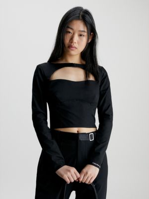 Black Cut Out Crop Top Long Sleeve