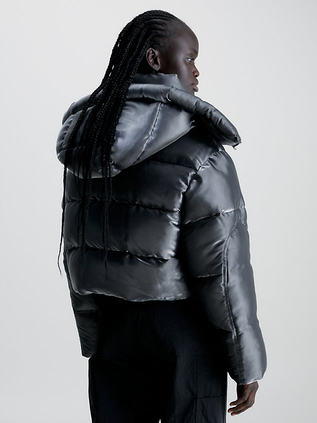 black liquid metal hooded puffer jacket for women calvin klein jeans