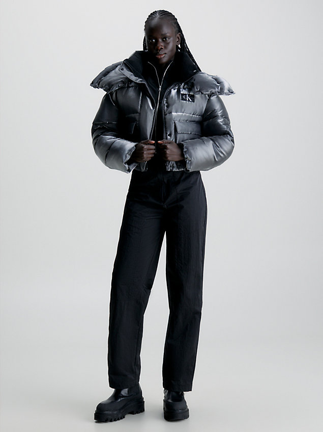 black liquid metal hooded puffer jacket for women calvin klein jeans