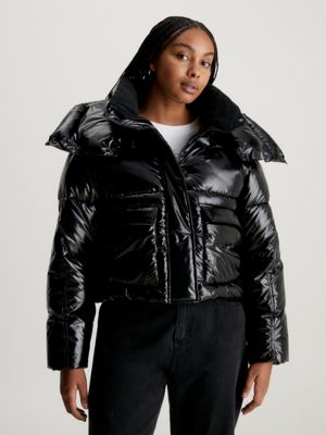 Black high shine puffer jacket women's sale