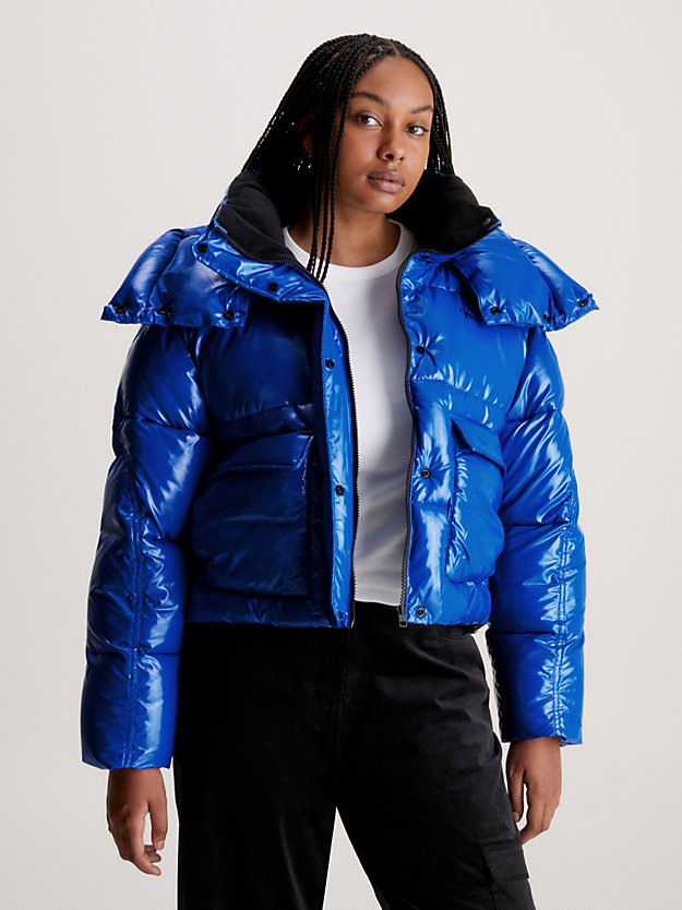 kettle blue cropped high shine puffer jacket for women calvin klein jeans