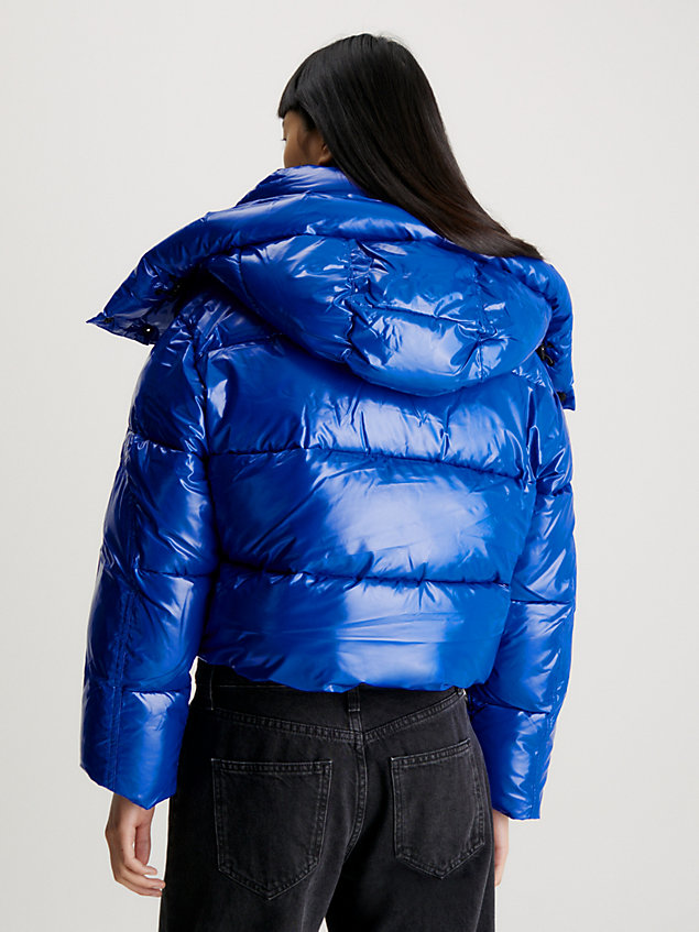 blue cropped high shine puffer jacket for women calvin klein jeans