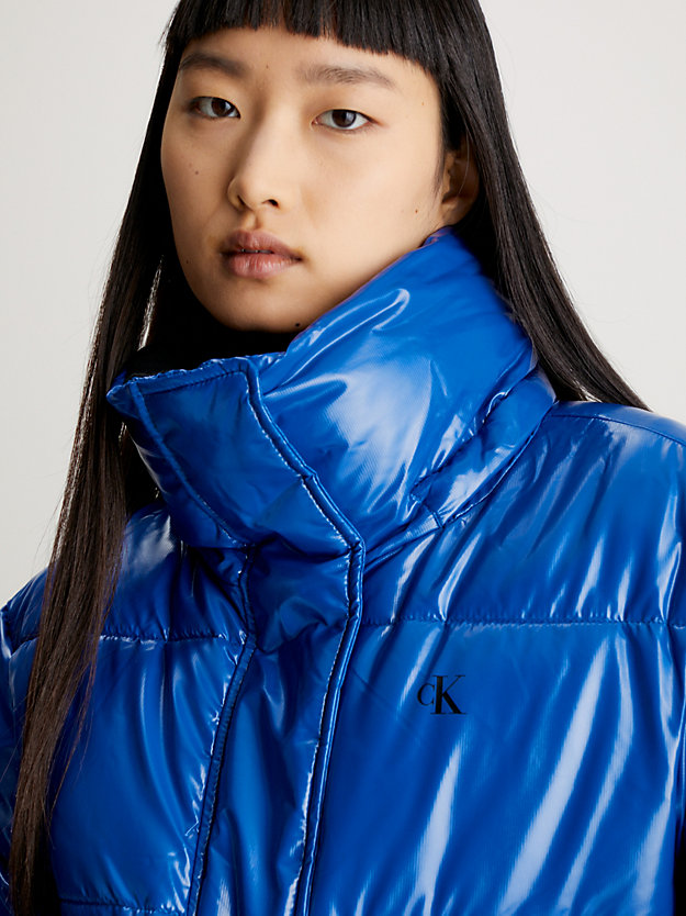 kettle blue cropped high shine puffer jacket for women calvin klein jeans