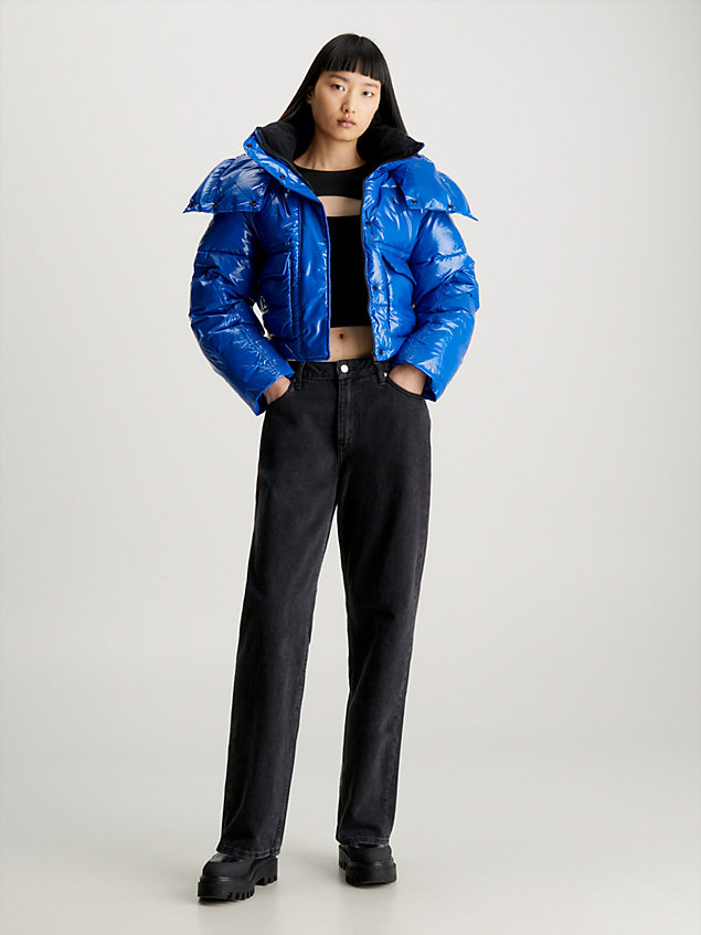 blue cropped high shine puffer jacket for women calvin klein jeans