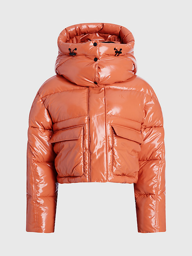 orange cropped high shine puffer jacket for women calvin klein jeans