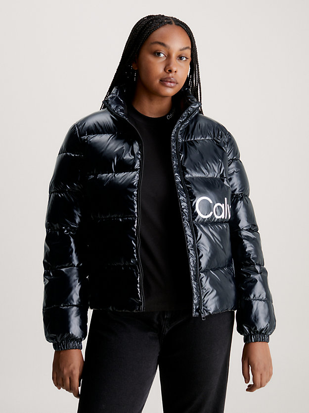 ck black high shine fitted puffer jacket for women calvin klein jeans