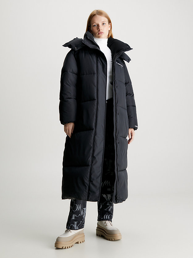 ck black oversized hooded long puffer coat for women calvin klein jeans