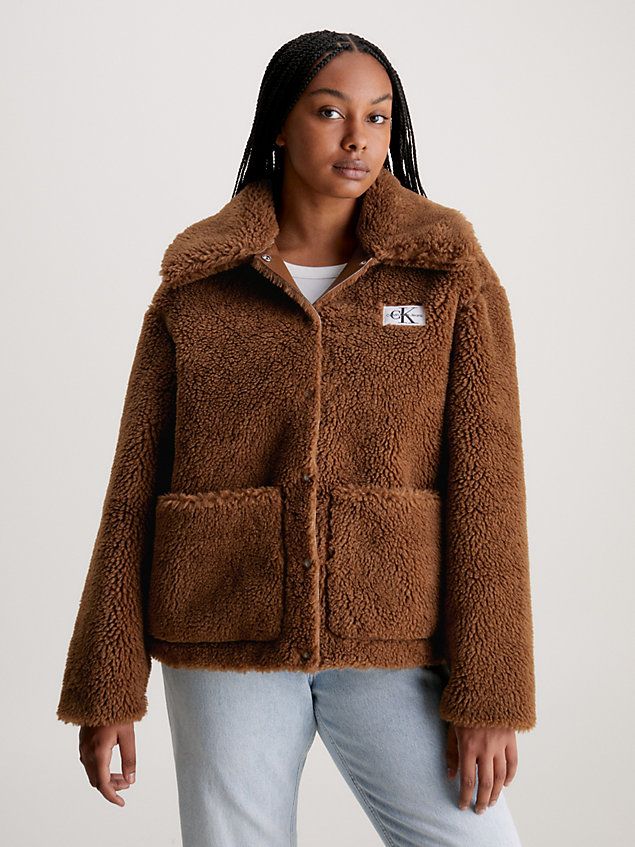 brown relaxed bonded sherpa jacket for women calvin klein jeans