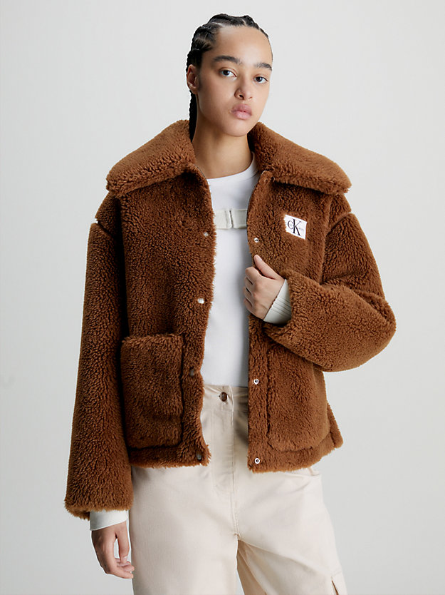 fudge brown relaxed bonded sherpa jacket for women calvin klein jeans
