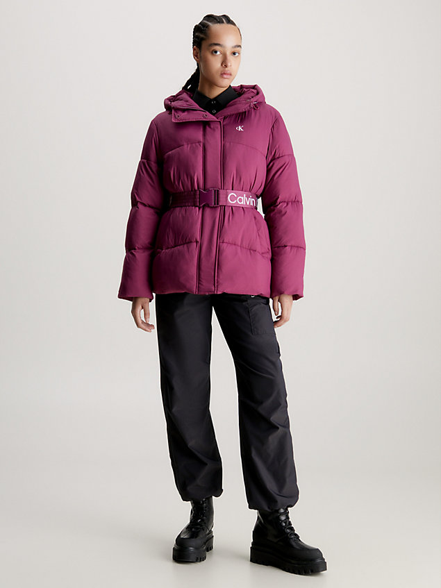 purple nylon belted puffer jacket for women calvin klein jeans