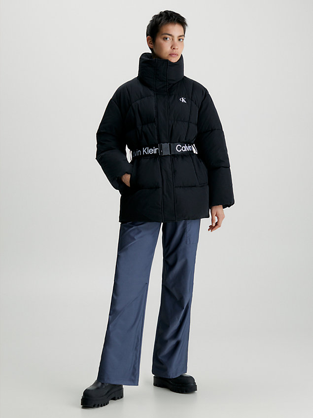 black relaxed belted puffer coat for women calvin klein jeans