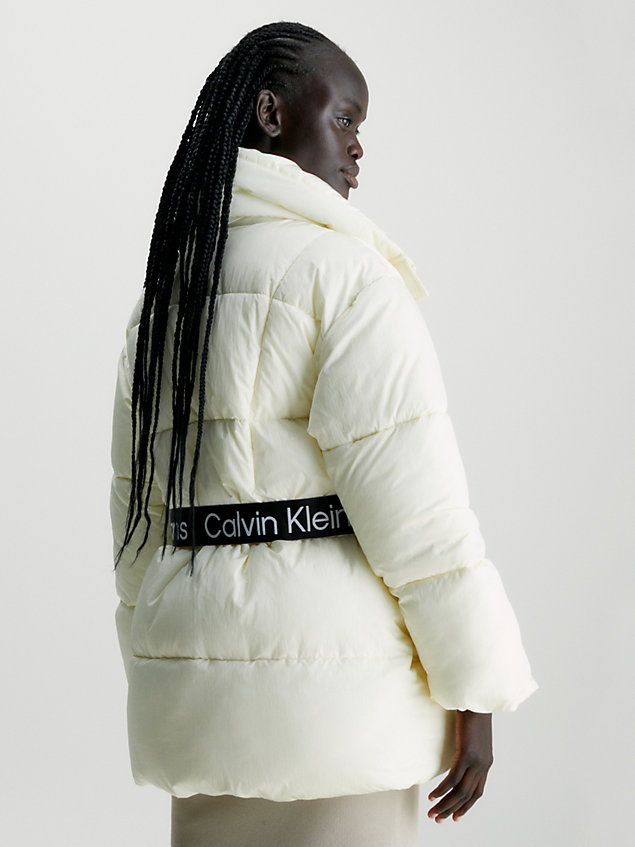 white relaxed belted puffer coat for women calvin klein jeans