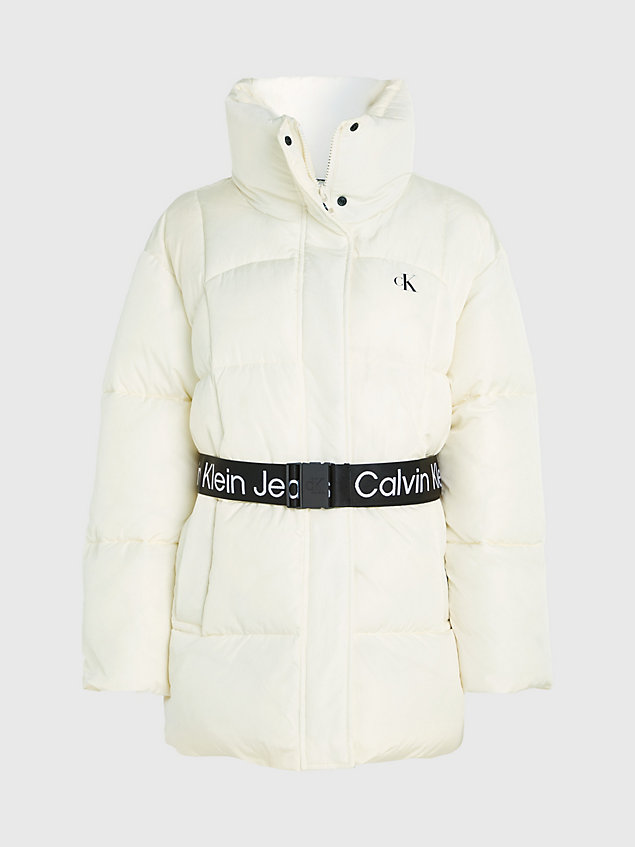 white luźny płaszcz puchowy z paskiem dla kobiety - calvin klein jeans