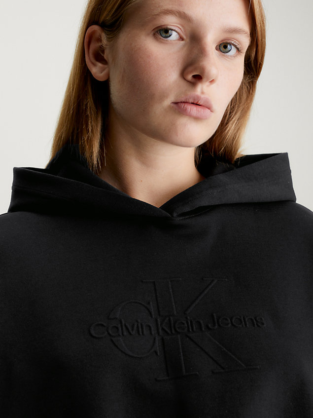 black cropped hoodie met logo in reliëf voor dames - calvin klein jeans