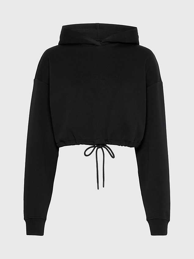 black cropped hoodie met logo in reliëf voor dames - calvin klein jeans