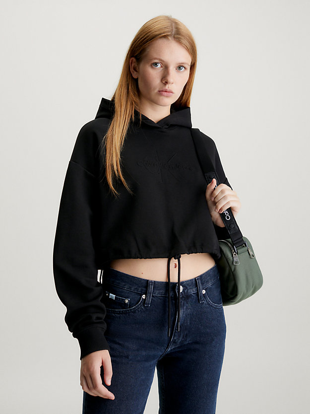 ck black cropped embossed logo hoodie for women calvin klein jeans