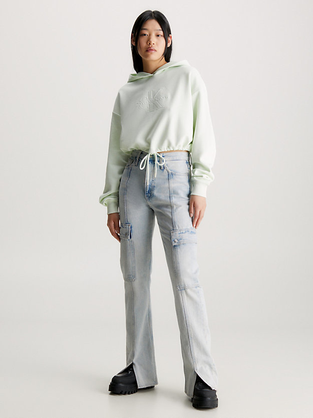 sweat-shirt à capuche court avec logo gaufré canary green pour femmes calvin klein jeans