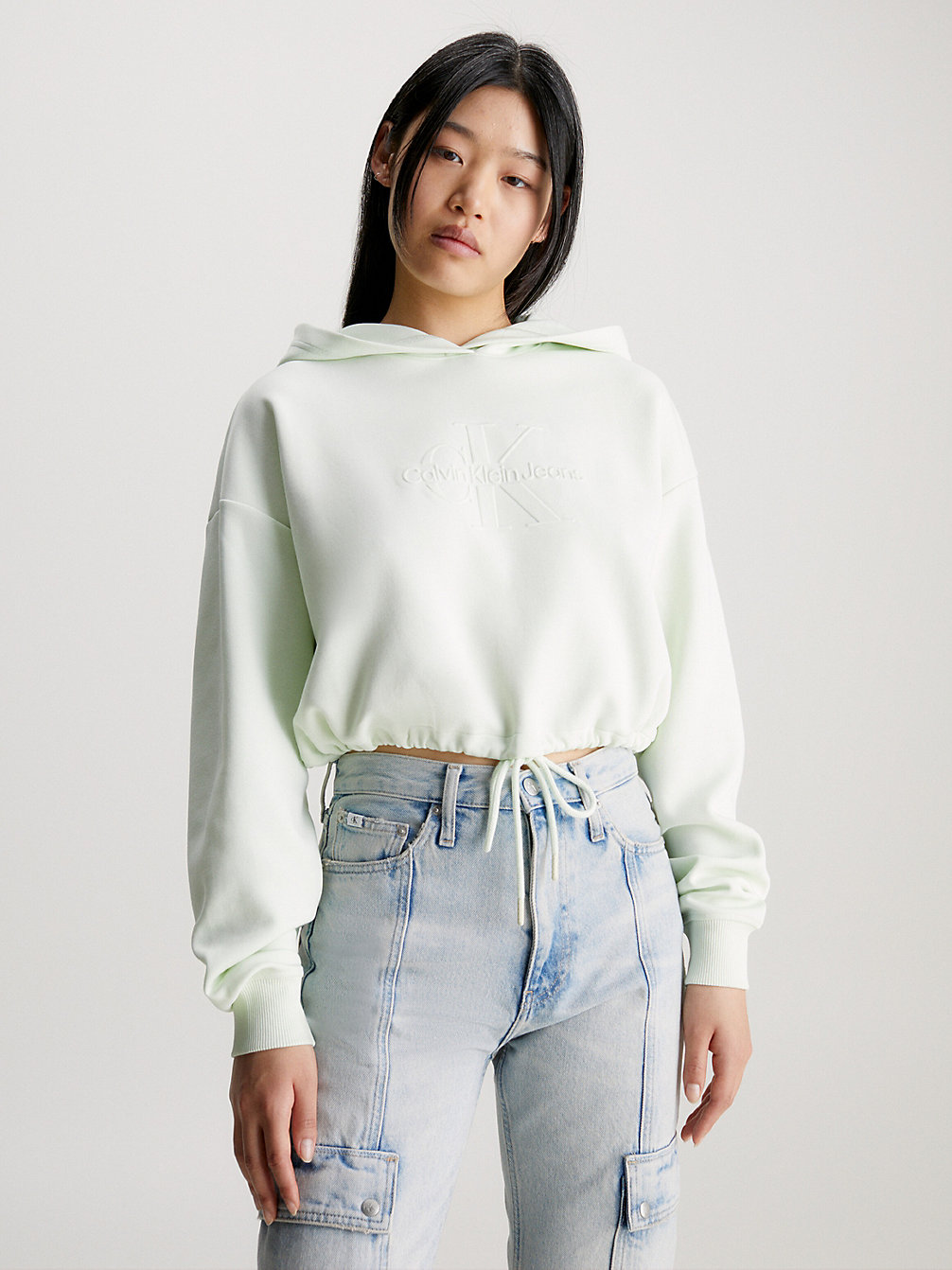 CANARY GREEN Cropped Embossed Logo Hoodie undefined women Calvin Klein