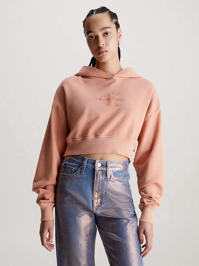 sweat-shirt à capuche court avec monogramme orange pour femmes calvin klein jeans