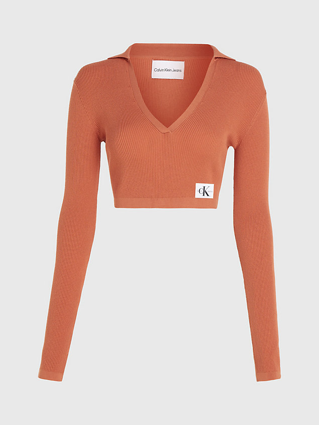 orange schmaler cropped pullover mit v-ausschnitt für damen - calvin klein jeans