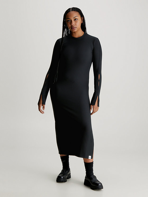 ck black geribbelde maxi-jurk met gespleten mouwen voor dames - calvin klein jeans