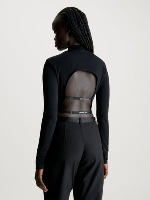 Black Cotton Cut Out Back Long Sleeve Crop Top