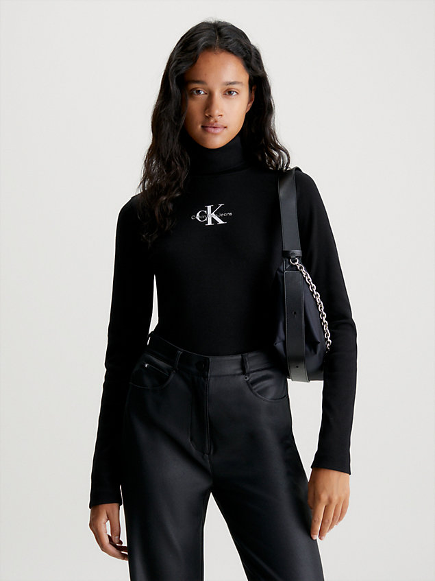 black prążkowany top z golfem i monogramem dla kobiety - calvin klein jeans