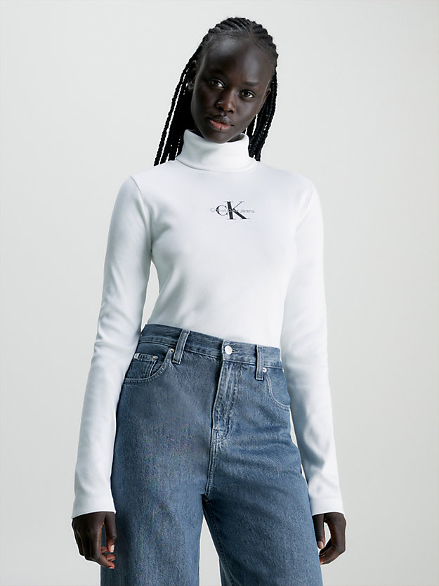haut côtelé à col roulé avec monogramme bright white pour femmes calvin klein jeans