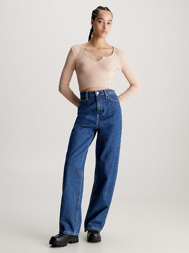 beige wąski prążkowany top z długim rękawem dla kobiety - calvin klein jeans