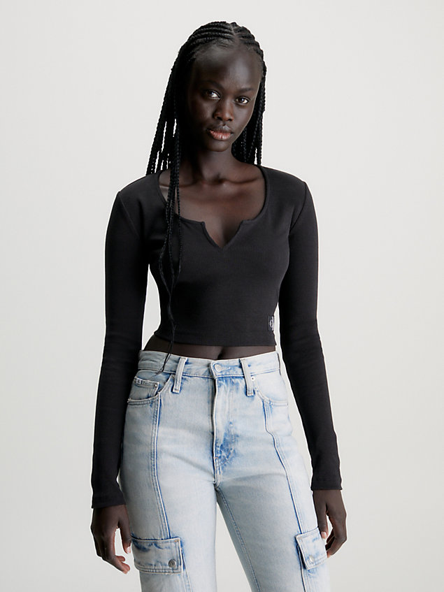 haut slim à manches longues côtelé black pour femmes calvin klein jeans