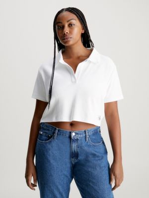 Calvin Klein Ribbed Long Sleeve Cropped Polo Shirt in Blue