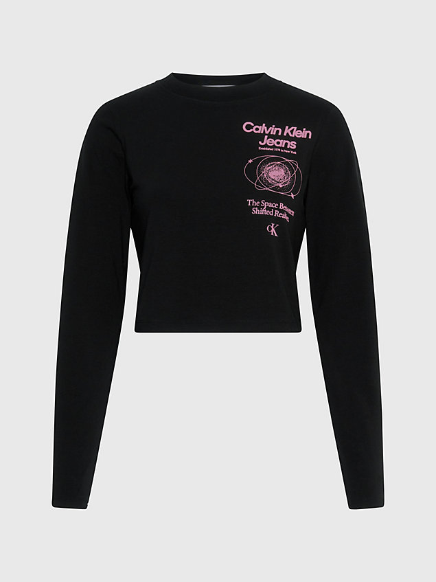black t-shirt z logo z długim rękawem o skróconym fasonie dla kobiety - calvin klein jeans
