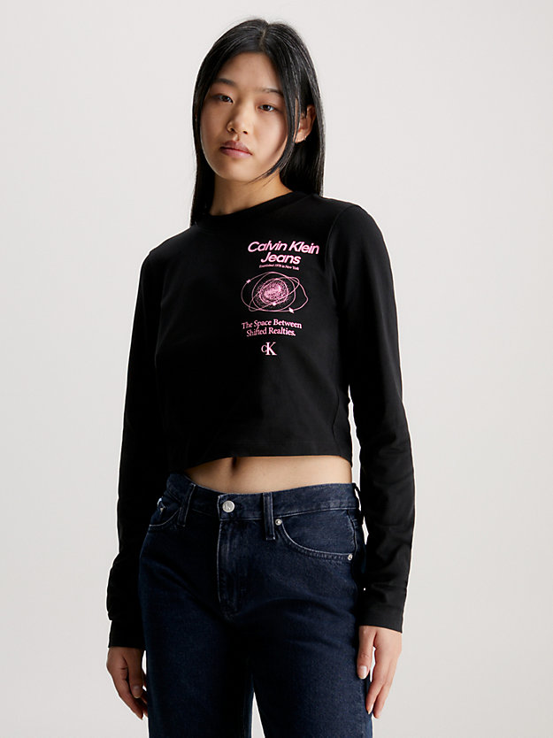 ck black/neon pink cropped langarmshirt mit logo für damen - calvin klein jeans