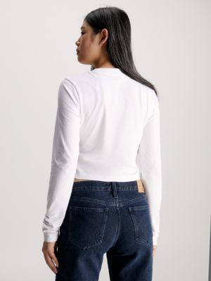 Calvin Klein Cropped Long Sleeve Tee, Bright White - Activewear