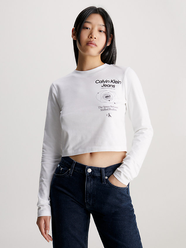 camiseta cropped de manga larga con logo white de mujeres calvin klein jeans