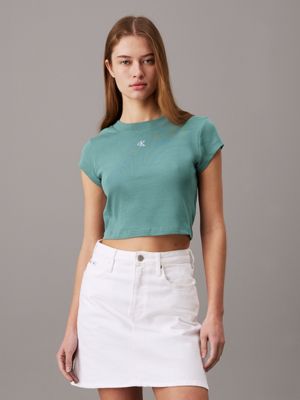 blue slim cropped ribbed t-shirt for women calvin klein jeans