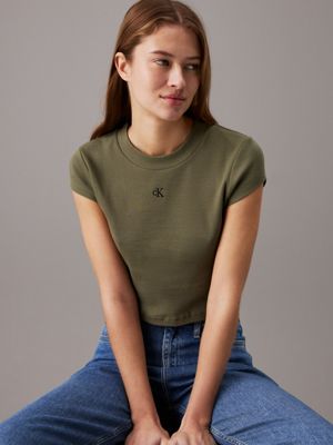 dusty olive slim cropped ribbed t-shirt for women calvin klein jeans