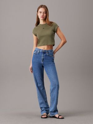 dusty olive slim cropped ribbed t-shirt for women calvin klein jeans