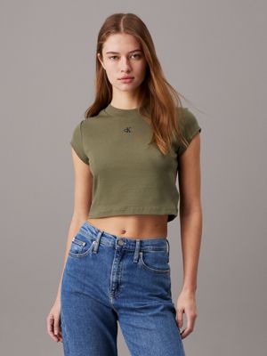 green slim cropped ribbed t-shirt for women calvin klein jeans