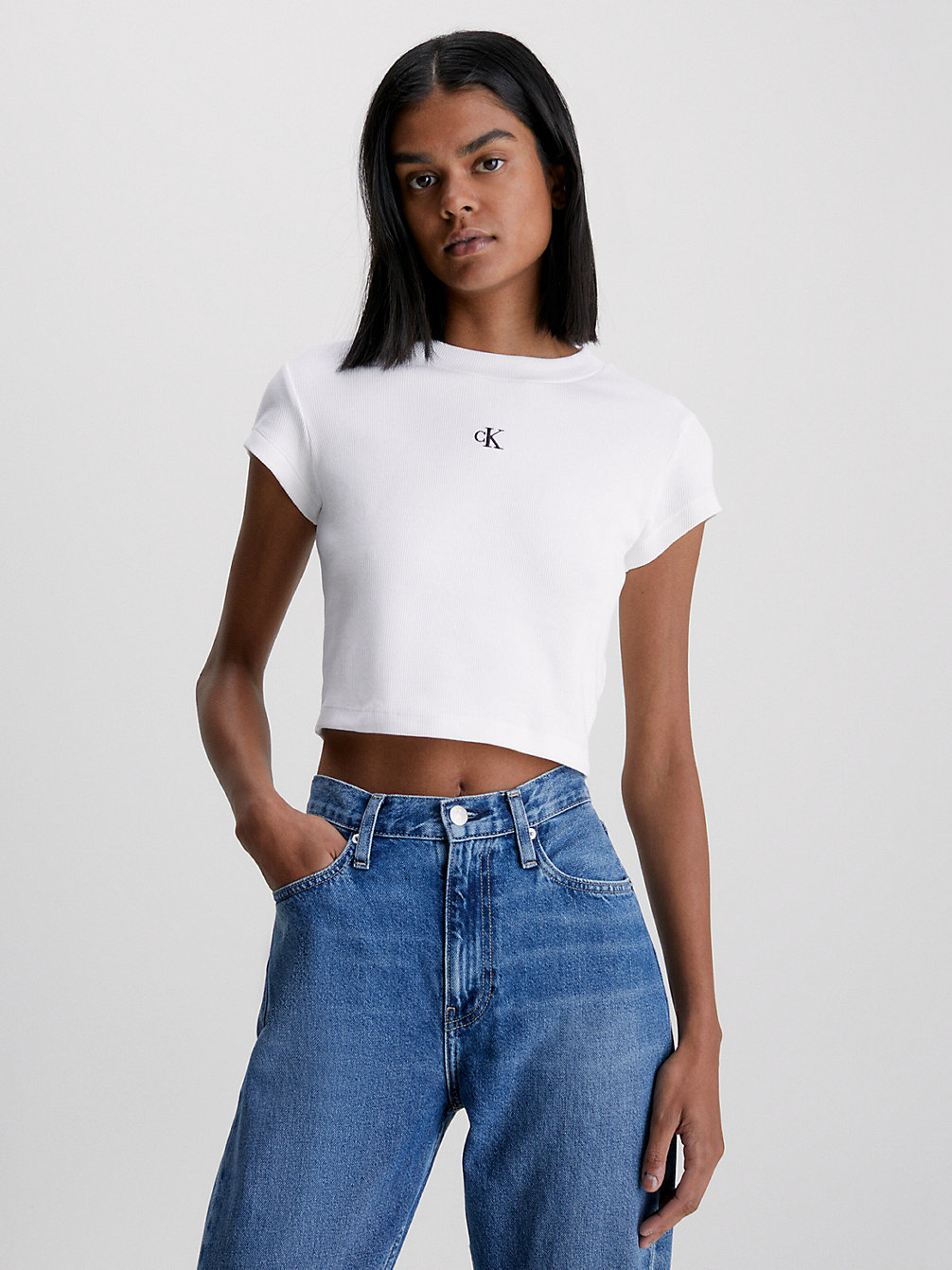 BRIGHT WHITE T-Shirt Slim Court Côtelé undefined femmes Calvin Klein