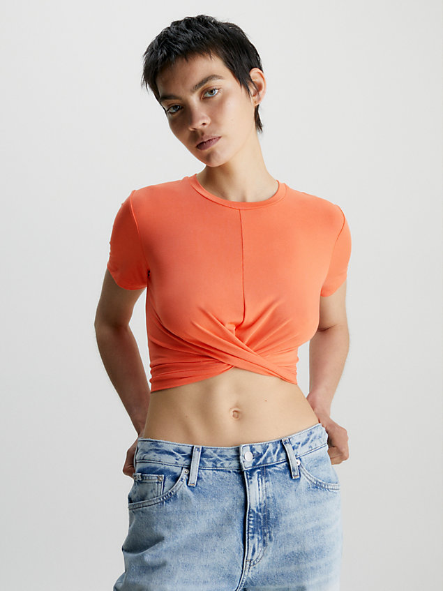 orange cropped t-shirt mit dreh-detail für damen - calvin klein jeans