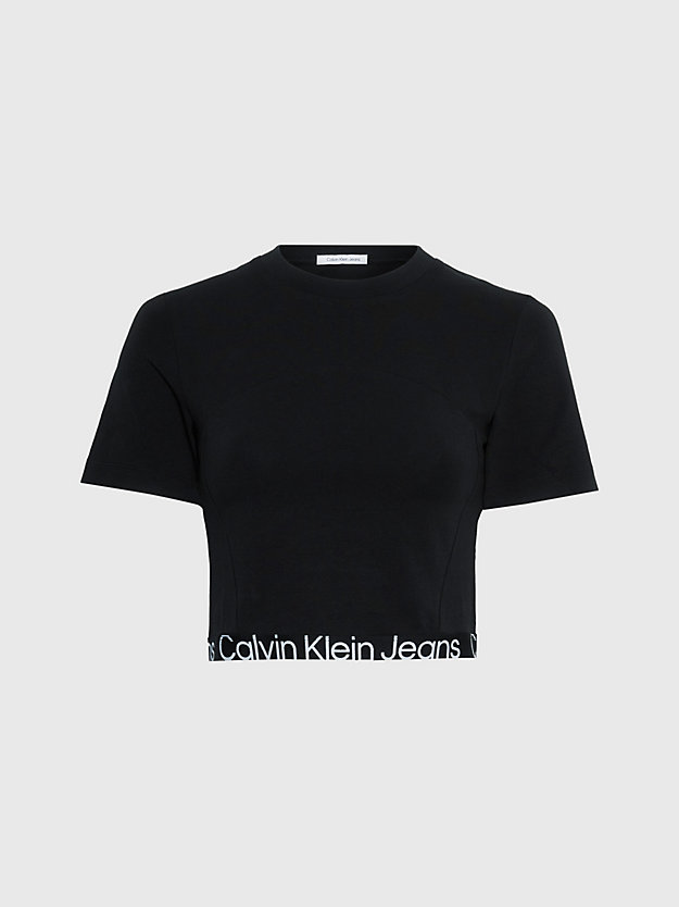 ck black smal cropped t-shirt met logo tape voor dames - calvin klein jeans