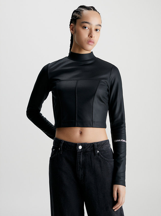 black reißverschluss-top aus beschichtetem milano-jersey für damen - calvin klein jeans