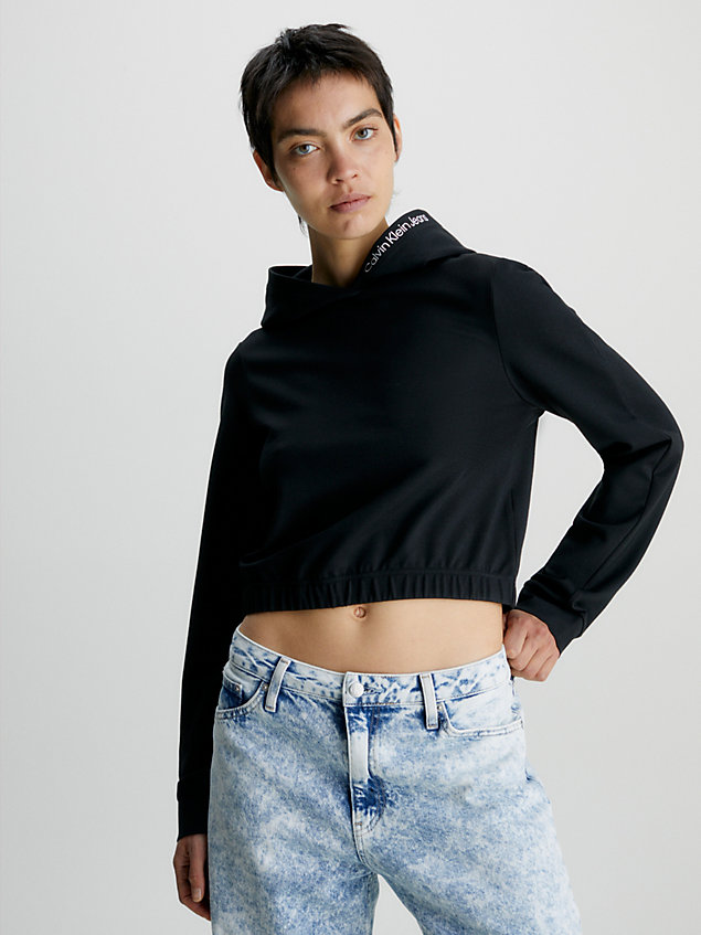 sudadera cropped de punto milano con capucha black de mujeres calvin klein jeans
