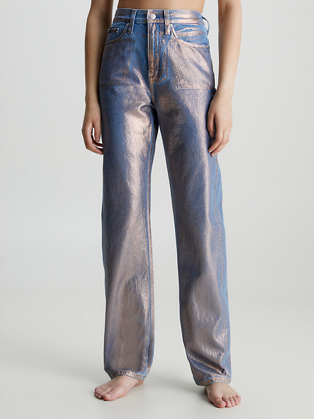 jean droit taille haute fini métallisé denim medium pour femmes calvin klein jeans