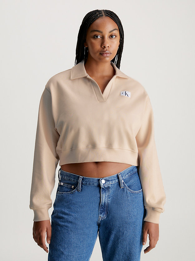 sudadera tipo polo cropped putty beige de mujer calvin klein jeans