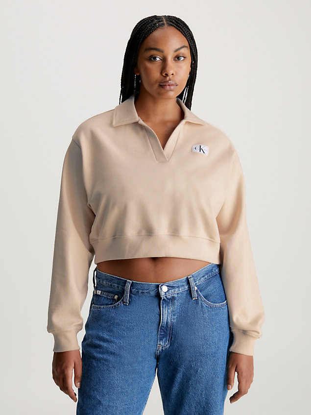 sudadera tipo polo cropped beige de mujer calvin klein jeans